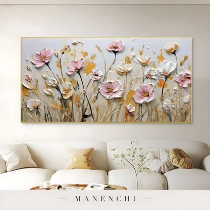 Blush Meadow Radiance abstract painting displayed in minimalist living room
