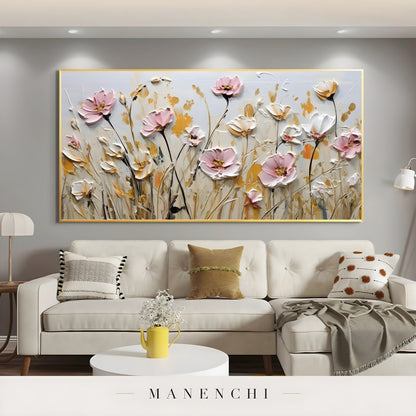 Blush Meadow Radiance abstract painting displayed in modern living room