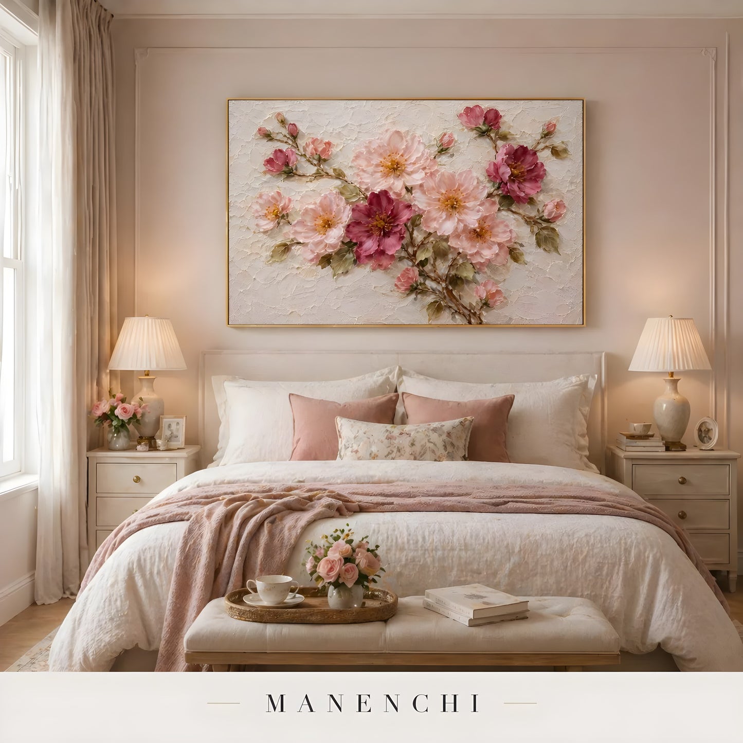 Blush Petal Symphony abstract painting displayed in bedroom bed elegant setting