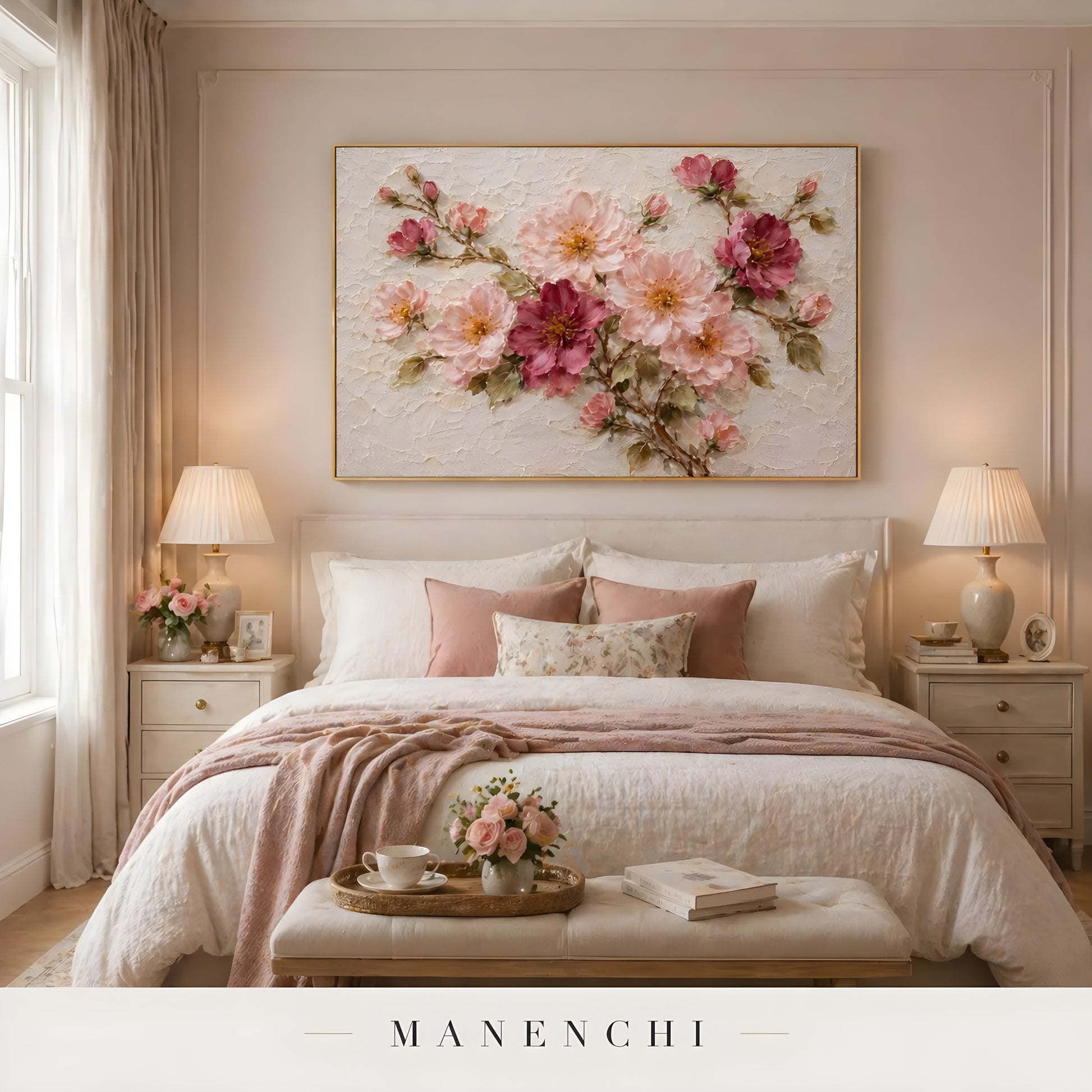 Blush Petal Symphony abstract painting displayed in bedroom bed elegant setting