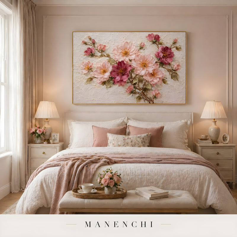 Blush Petal Symphony abstract painting displayed in bedroom bed elegant setting