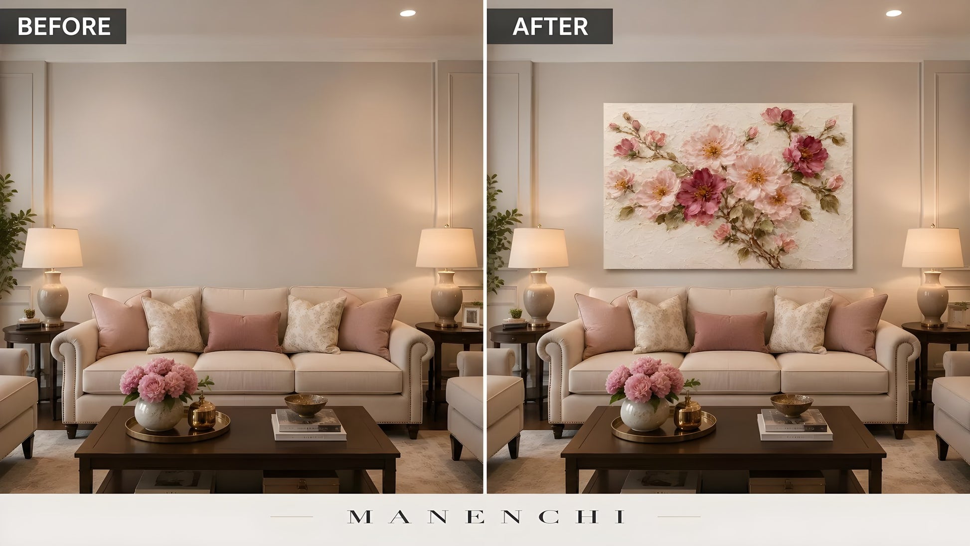 Blush Petal Symphony original hand-painted abstract painting, before and after in a styled room