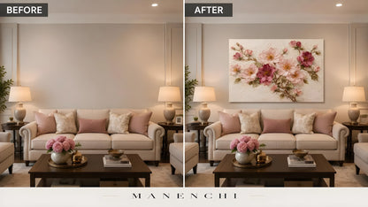 Blush Petal Symphony original hand-painted abstract painting, before and after in a styled room