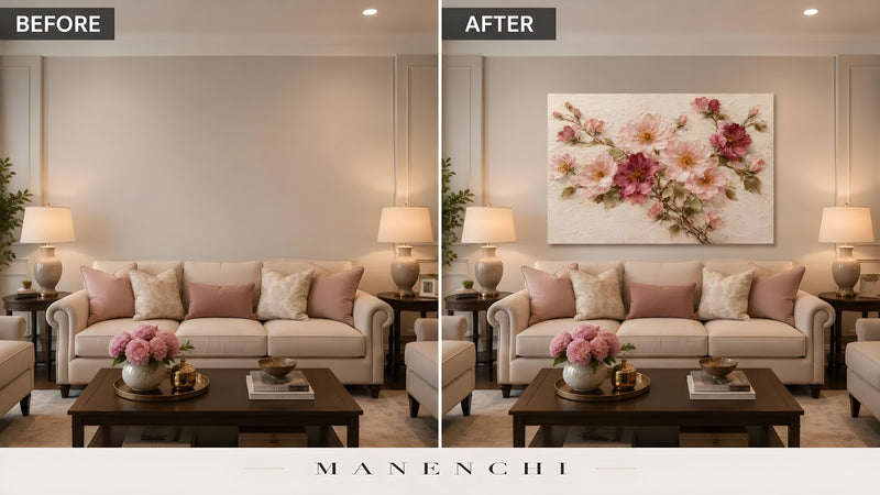 Blush Petal Symphony original hand-painted abstract painting, before and after in a styled room