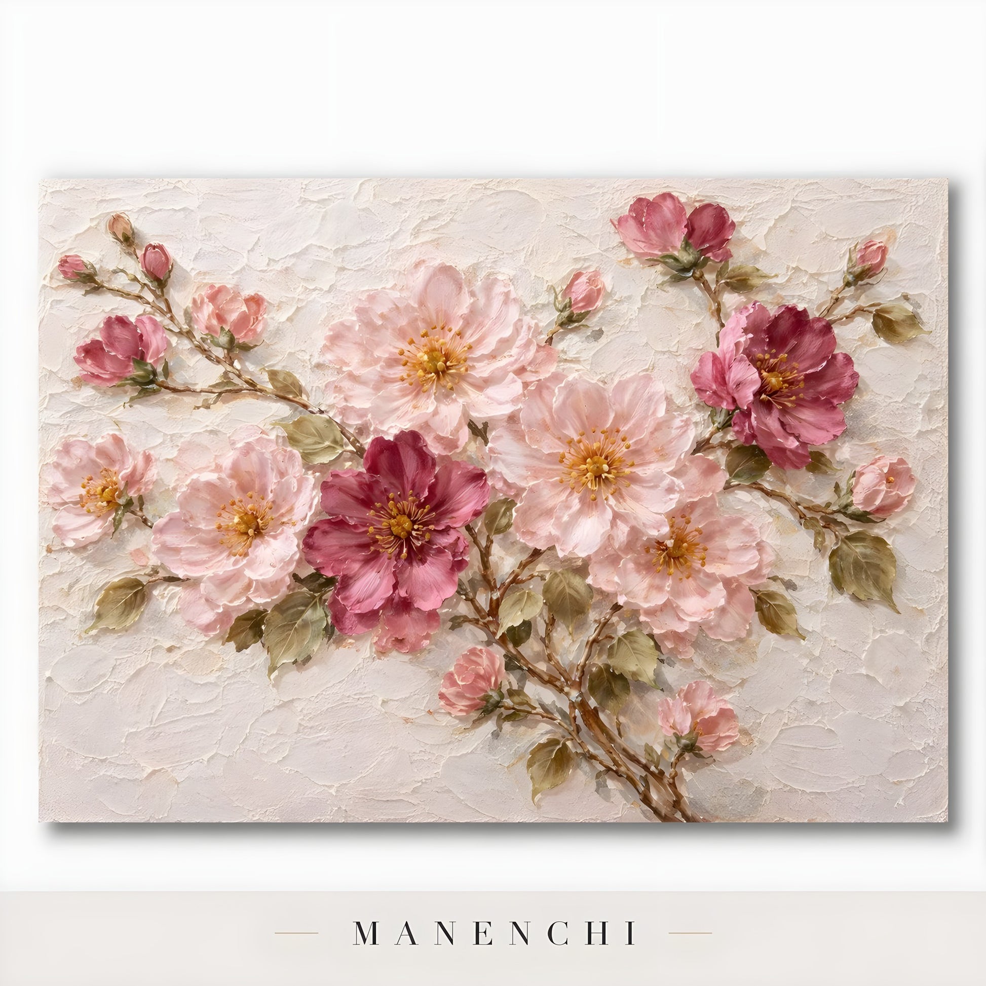 Close-up detail of the textured brushwork in Blush Petal Symphony
