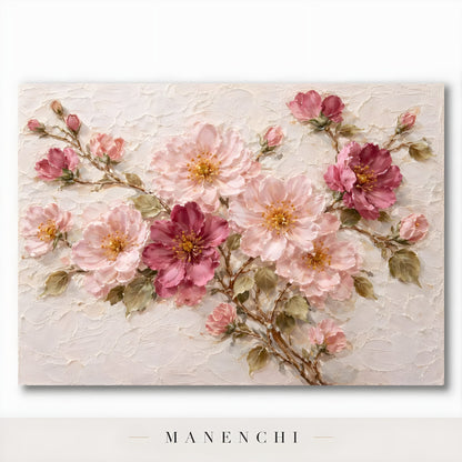 Close-up detail of the textured brushwork in Blush Petal Symphony