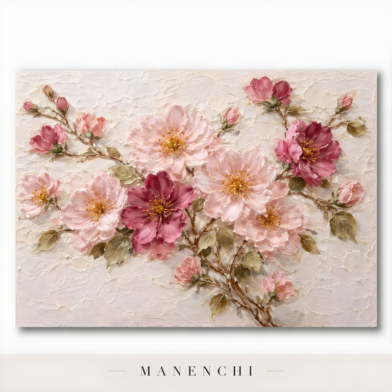 Close-up detail of the textured brushwork in Blush Petal Symphony