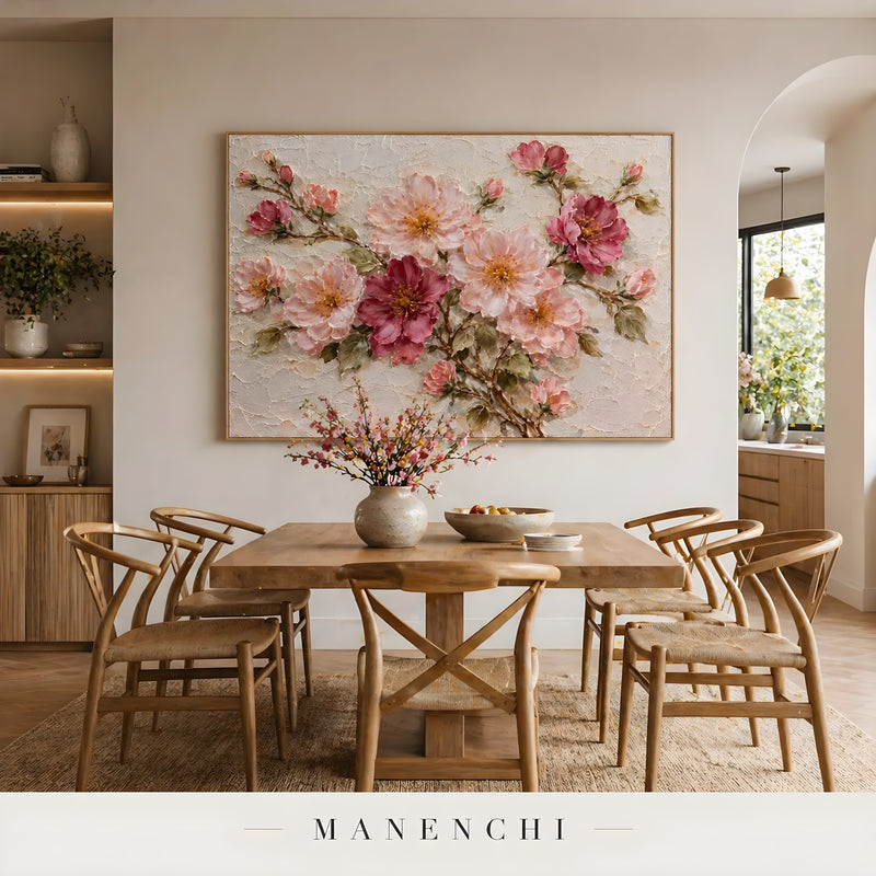 Blush Petal Symphony abstract painting displayed in dining room table setting