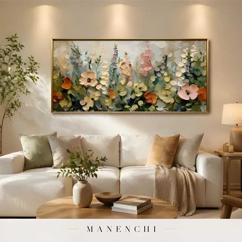 Botanical Heirloom Meadow abstract painting displayed in cozy living room interior