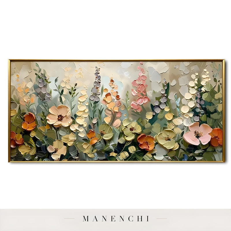 Botanical Heirloom Meadow abstract painting displayed in isolated gold frame painting