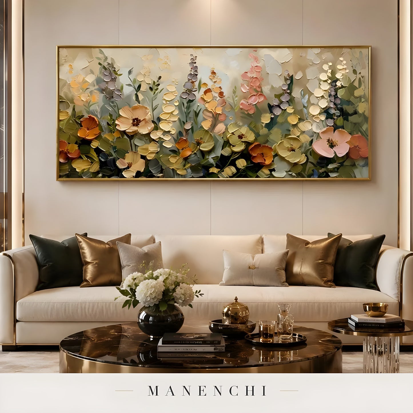 Botanical Heirloom Meadow abstract painting displayed in living room sofa display