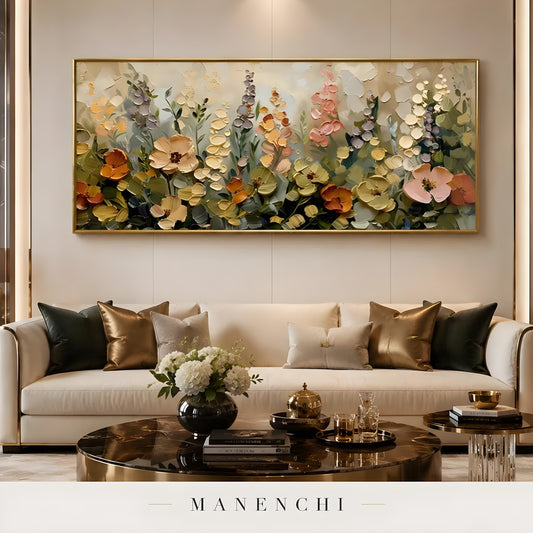Botanical Heirloom Meadow abstract painting displayed in living room sofa display