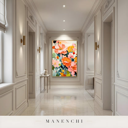 Botanical Joyous Impression abstract painting displayed in modern hallway wall art