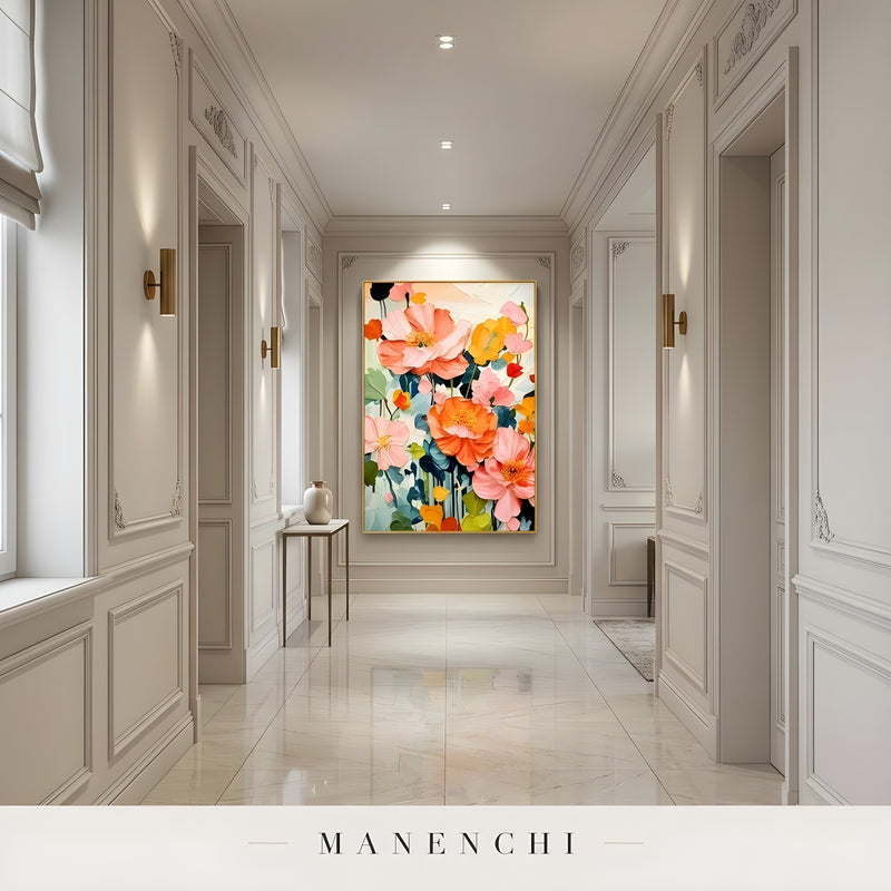 Botanical Joyous Impression abstract painting displayed in modern hallway wall art
