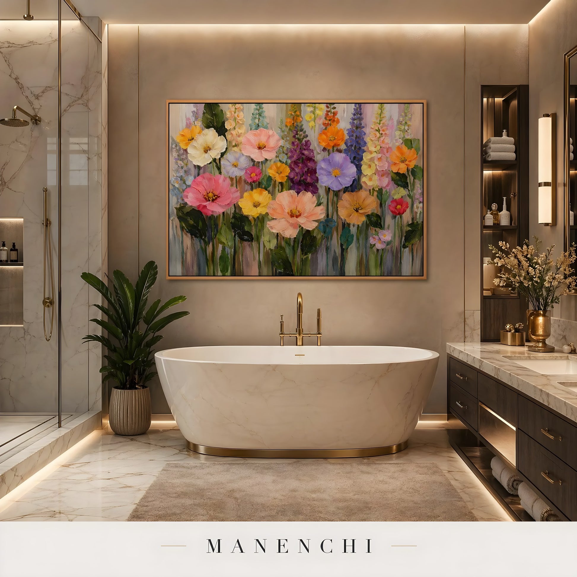 Botanical Kaleidoscope Symphony abstract painting displayed in bathroom