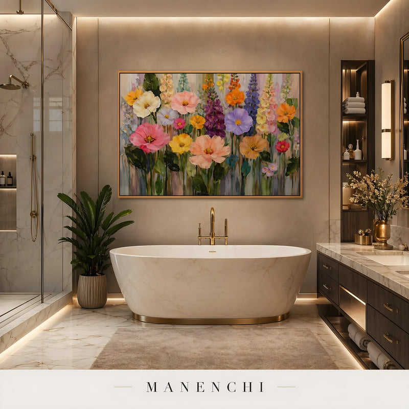 Botanical Kaleidoscope Symphony abstract painting displayed in bathroom
