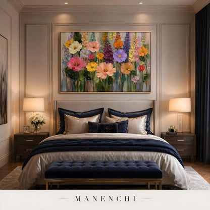 Botanical Kaleidoscope Symphony abstract painting displayed in bedroom
