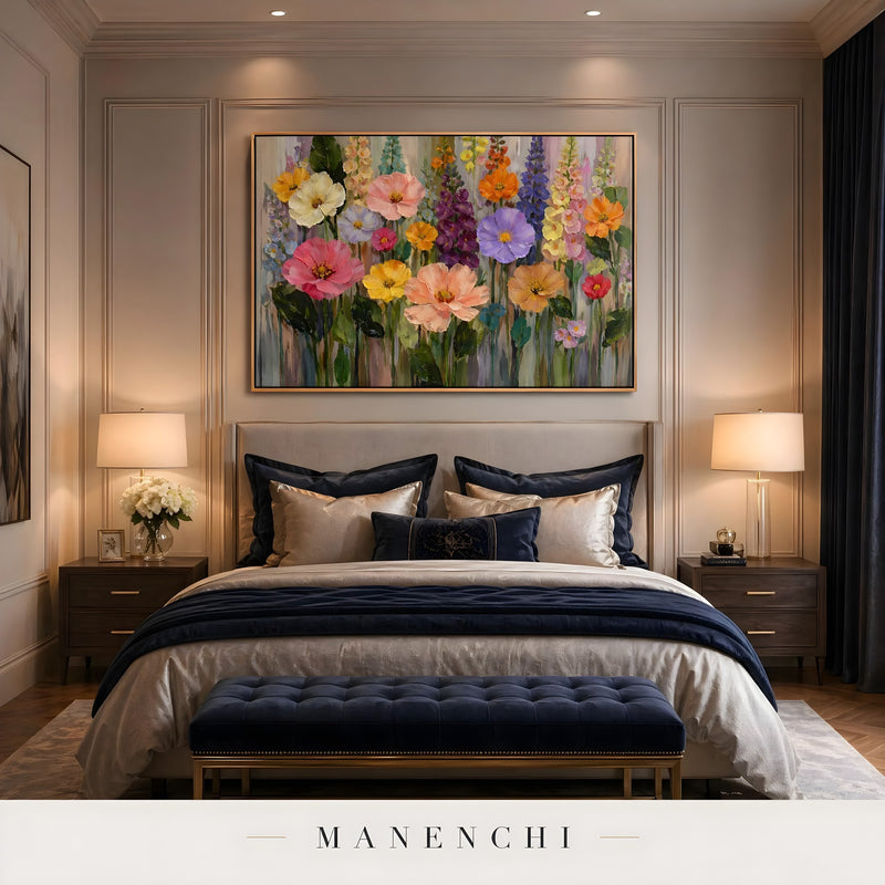 Botanical Kaleidoscope Symphony abstract painting displayed in bedroom