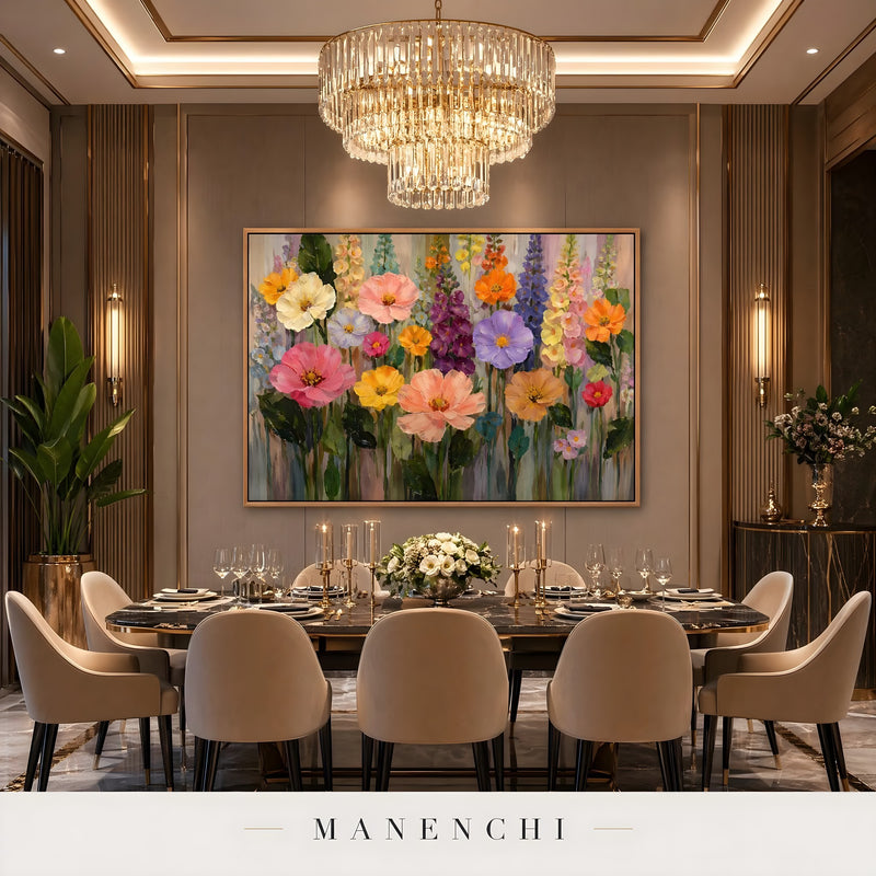 Botanical Kaleidoscope Symphony abstract painting displayed in dining room
