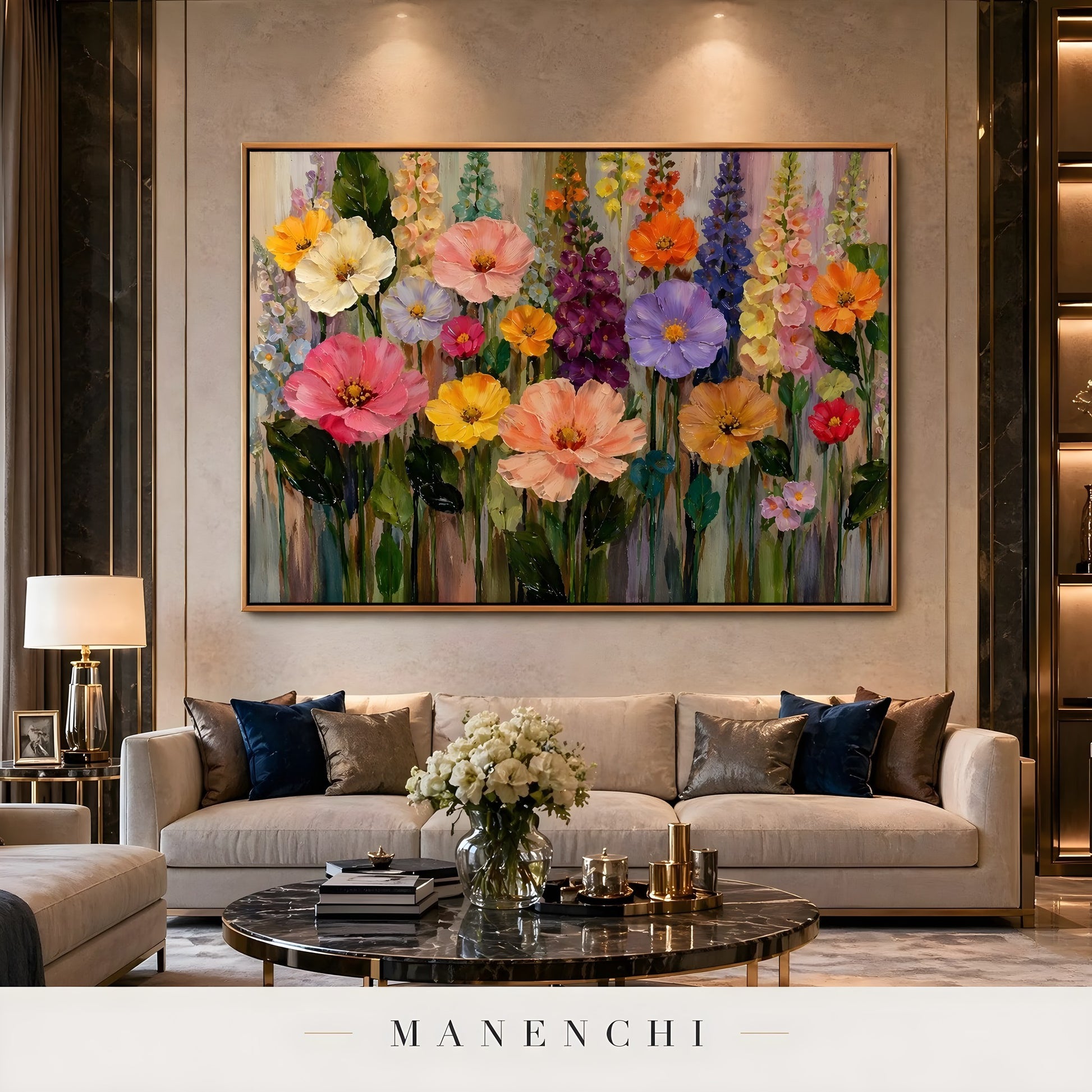 Botanical Kaleidoscope Symphony abstract painting displayed in living room
