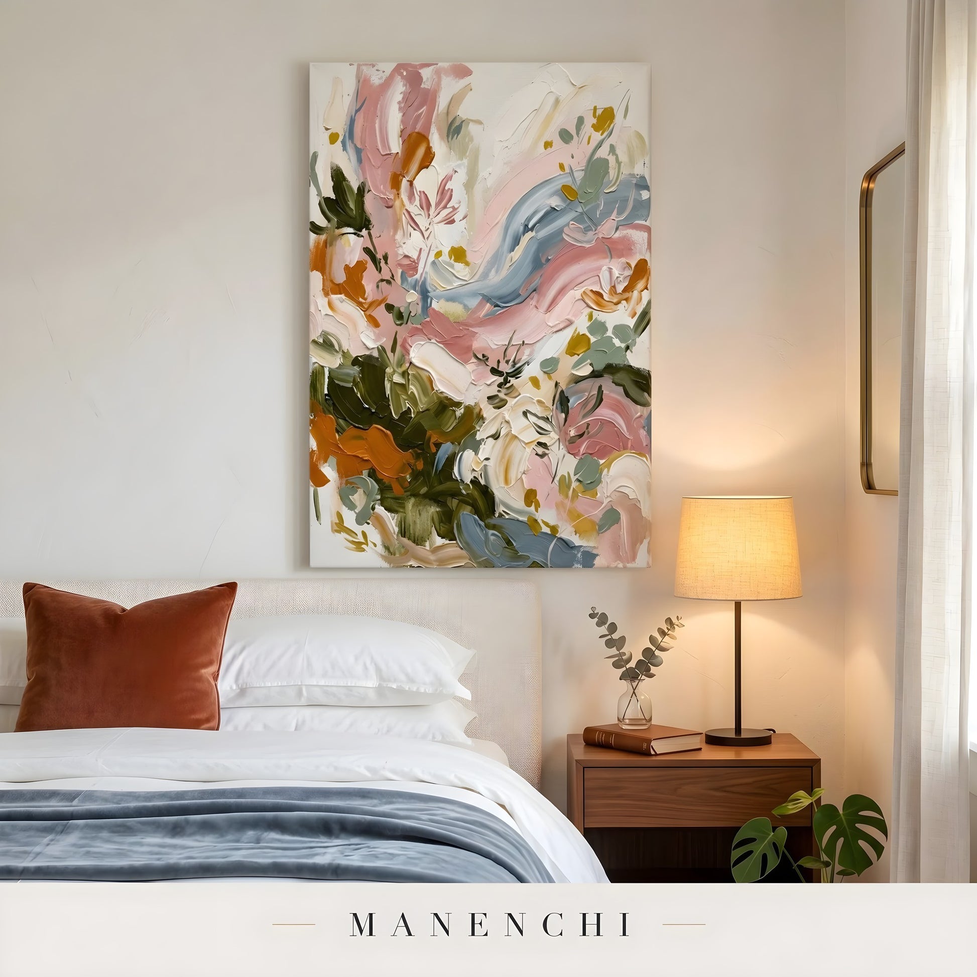 Botanical Kinetic Rhapsody abstract painting displayed in painting in bedroom setting