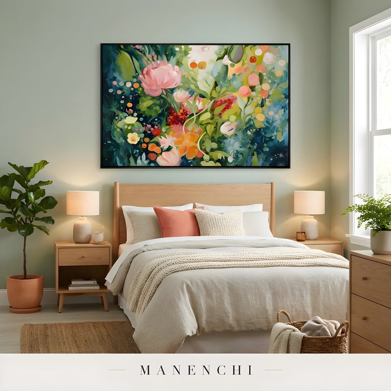 Botanical Nocturne Symphony abstract painting displayed in bedroom decor style