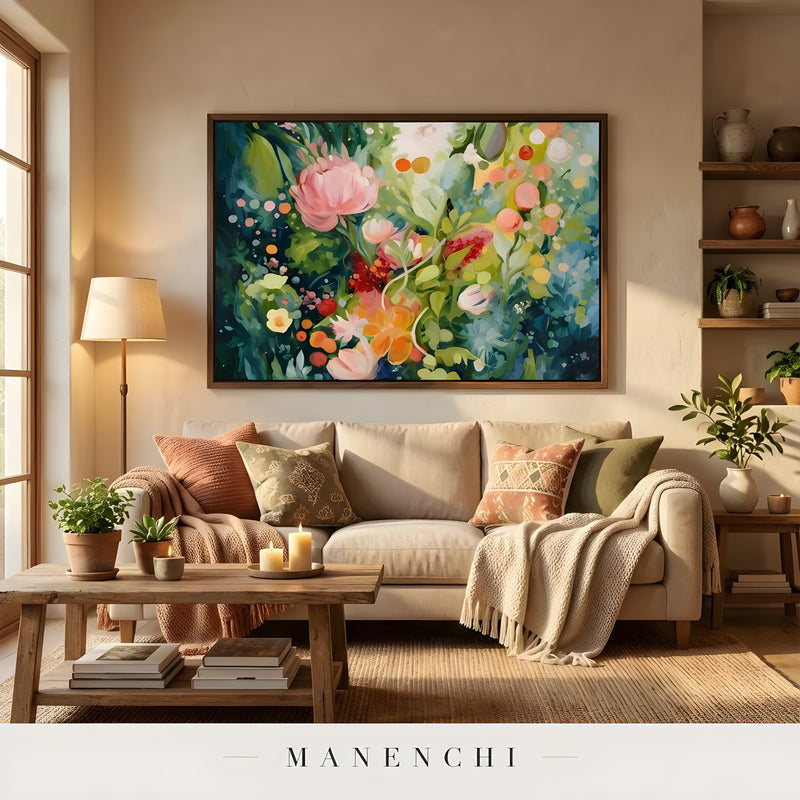 Botanical Nocturne Symphony abstract painting displayed in cozy living room styling