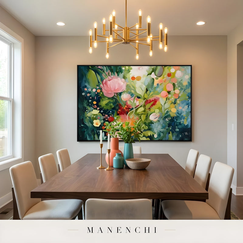 Botanical Nocturne Symphony abstract painting displayed in dining room interior