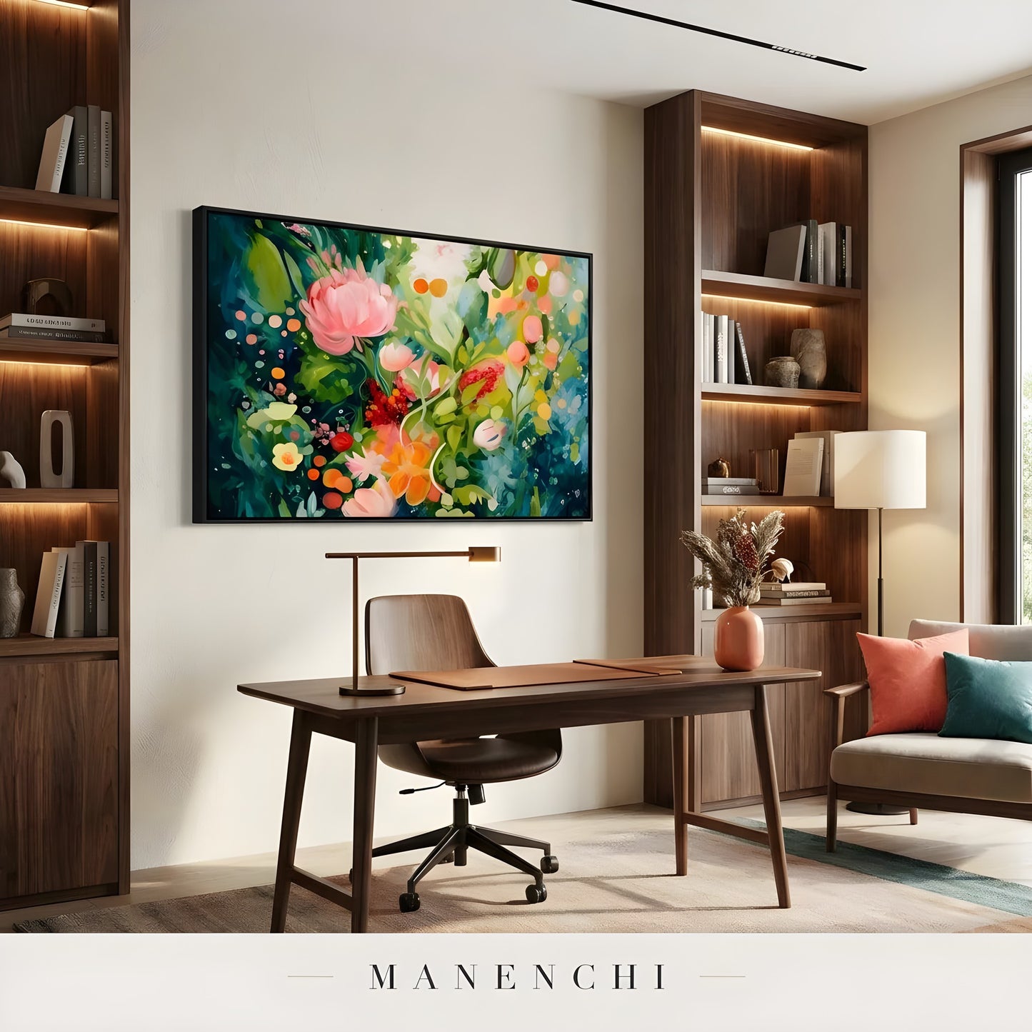 Botanical Nocturne Symphony abstract painting displayed in home office workspace