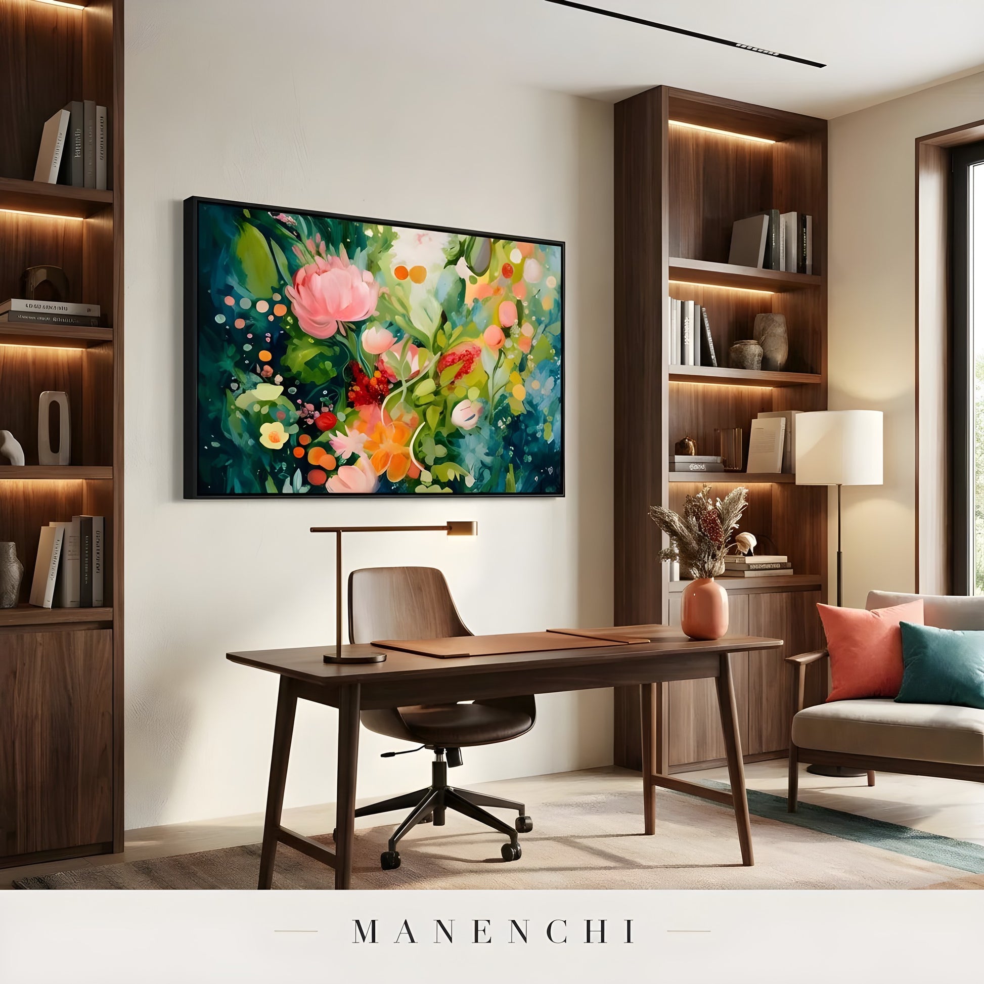 Botanical Nocturne Symphony abstract painting displayed in home office workspace