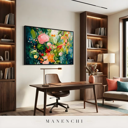 Botanical Nocturne Symphony abstract painting displayed in home office workspace
