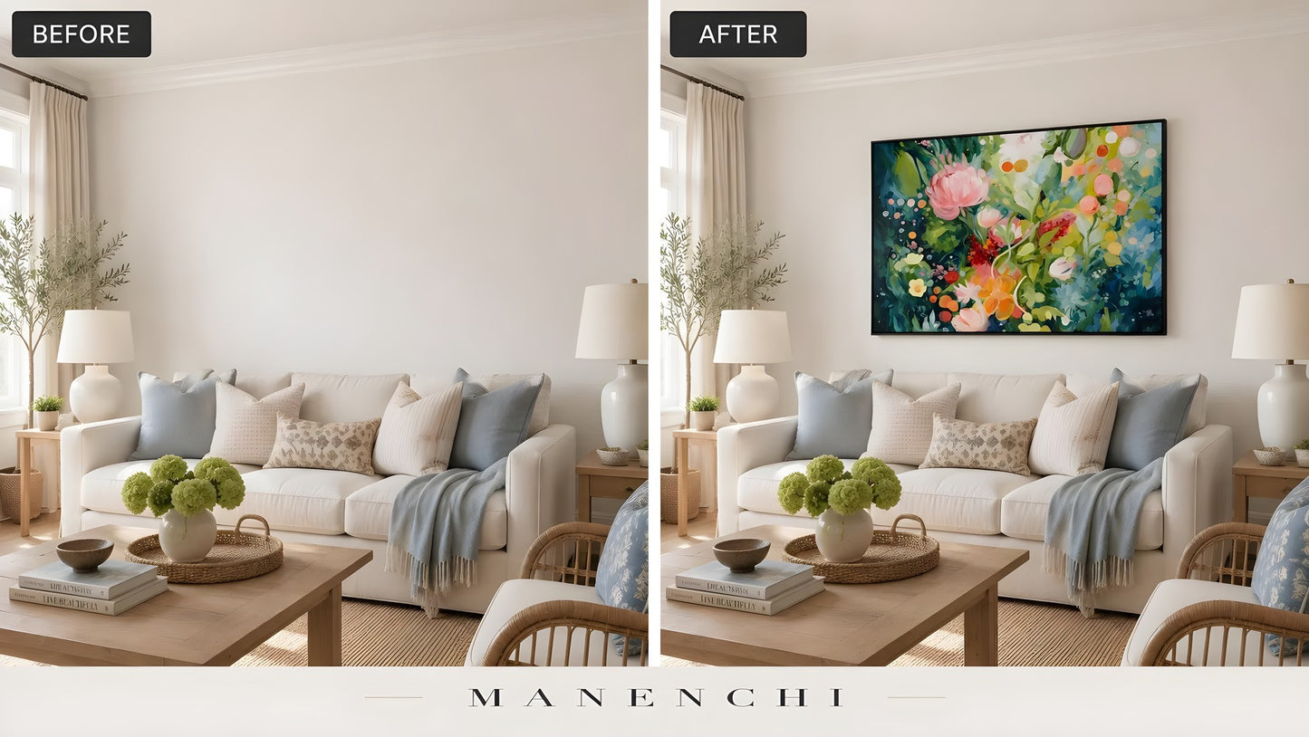 Botanical Nocturne Symphony original hand-painted abstract painting, before and after in a styled room