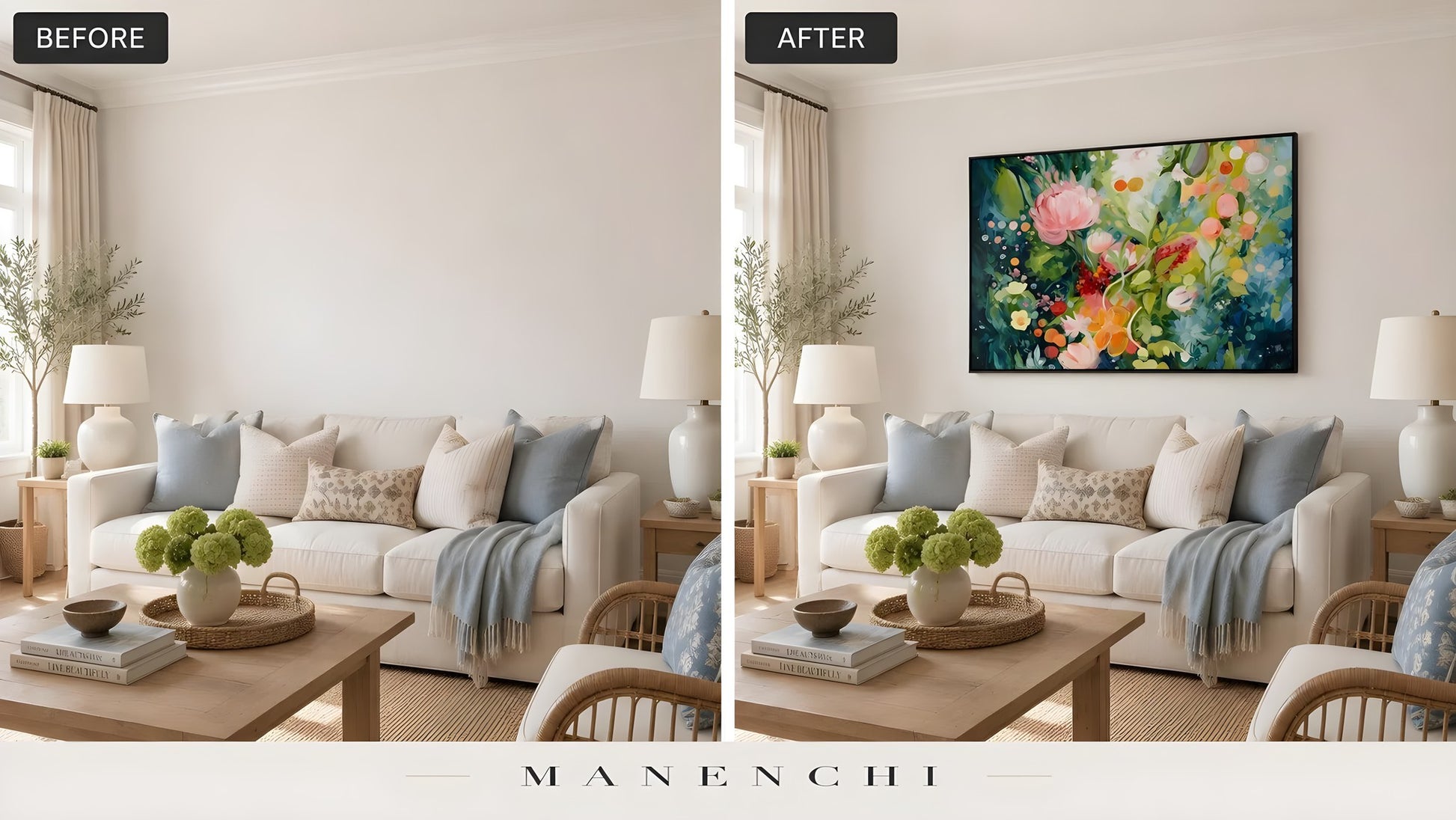 Botanical Nocturne Symphony original hand-painted abstract painting, before and after in a styled room