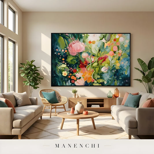 Botanical Nocturne Symphony abstract painting displayed in living room seating area