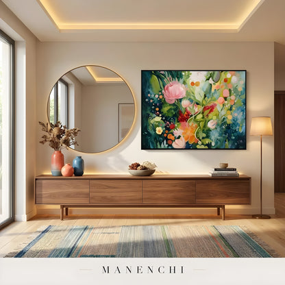 Botanical Nocturne Symphony abstract painting displayed in modern entryway console
