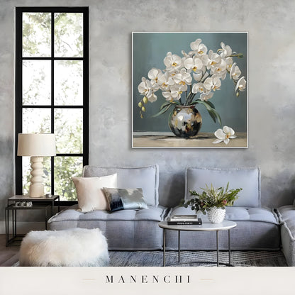 Botanical Orchid Solace abstract painting displayed in living room sofa display
