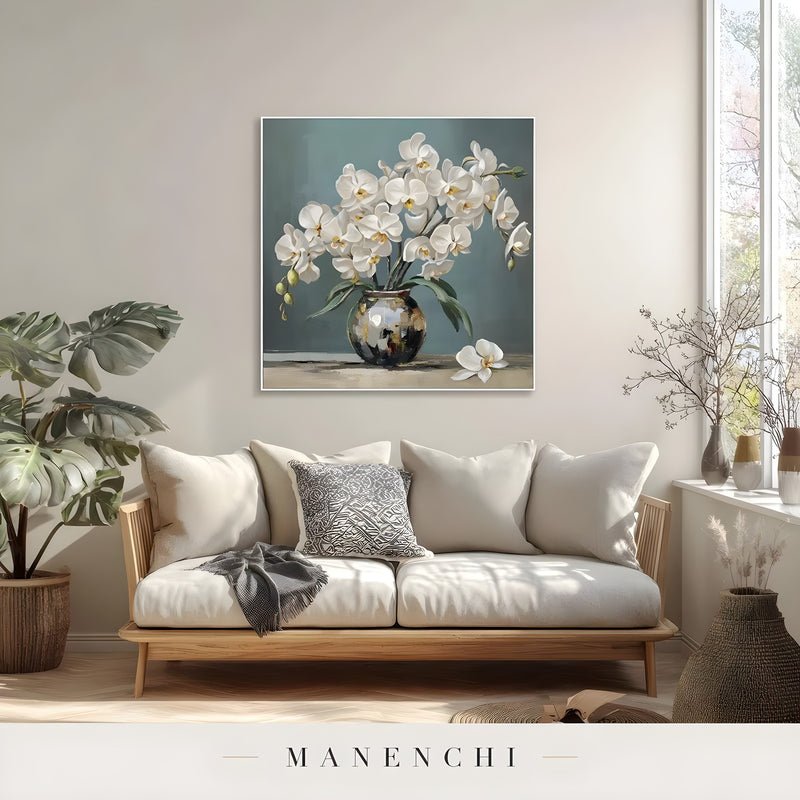 Botanical Orchid Solace abstract painting displayed in modern minimalist living room
