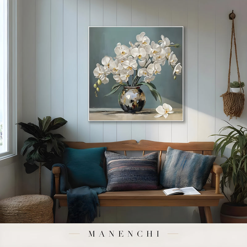 Botanical Orchid Solace abstract painting displayed in rustic bench seating area