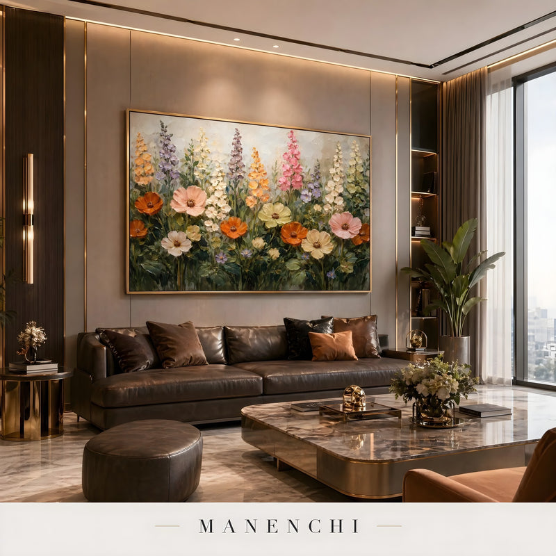 Botanical Solstice Symphony abstract painting displayed in contemporary living room
