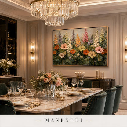 Botanical Solstice Symphony abstract painting displayed in elegant dining room
