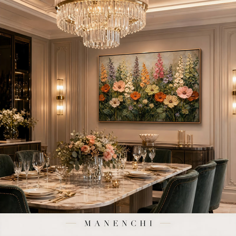 Botanical Solstice Symphony abstract painting displayed in elegant dining room