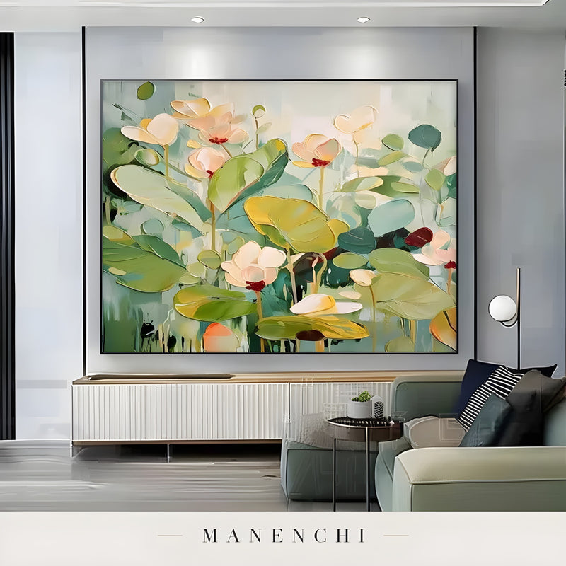 Botanical Verdant Reverie abstract painting displayed in living room display
