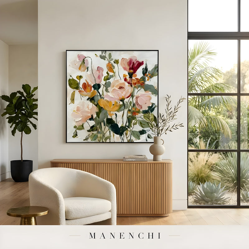 Botanical Whispers abstract painting displayed in art in modern living room