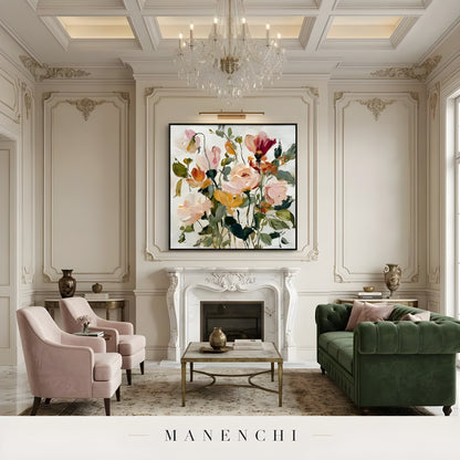 Botanical Whispers abstract painting displayed in grand classic living room decor