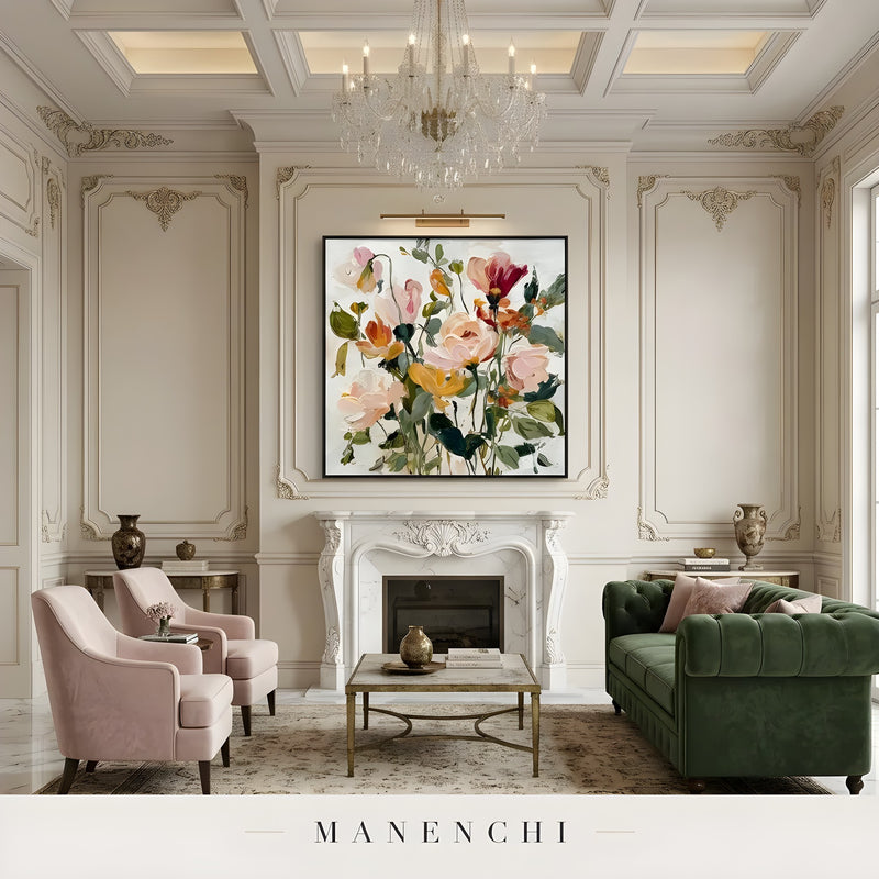 Botanical Whispers abstract painting displayed in grand classic living room decor
