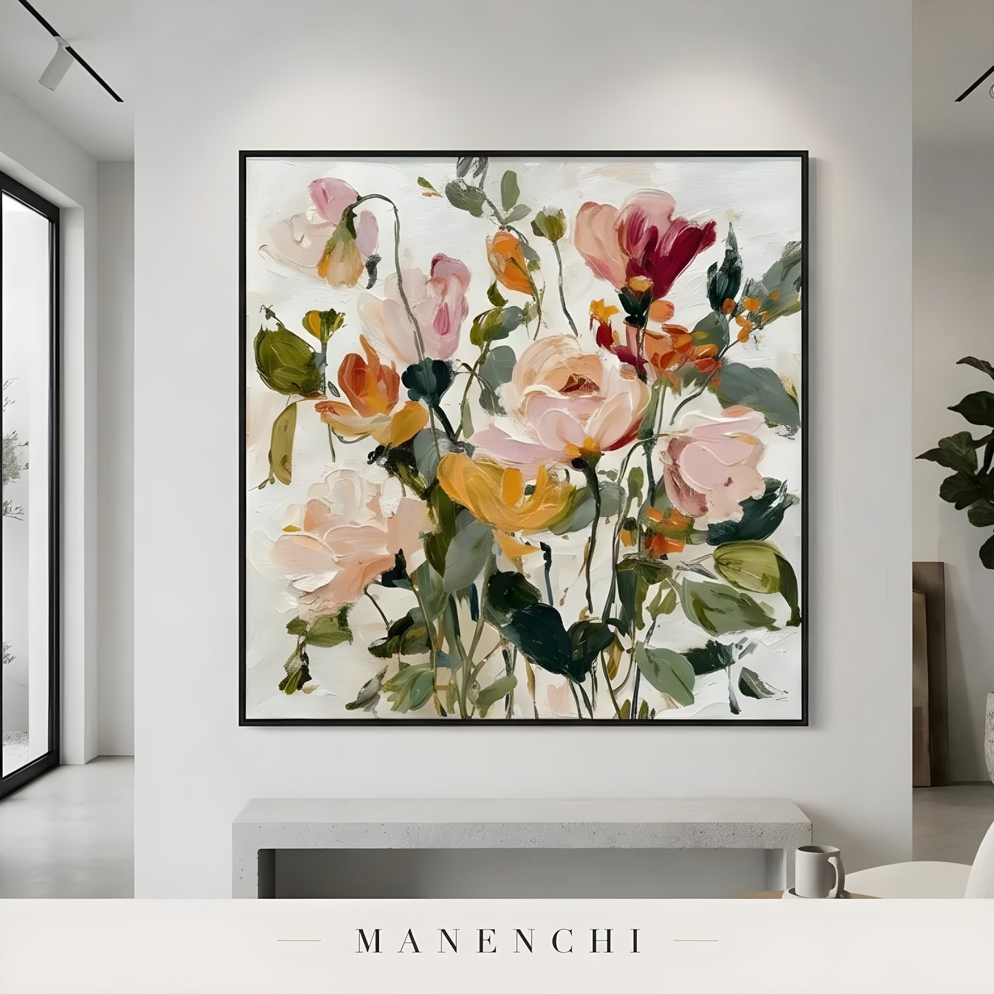 Botanical Whispers abstract painting displayed in painting above modern bench