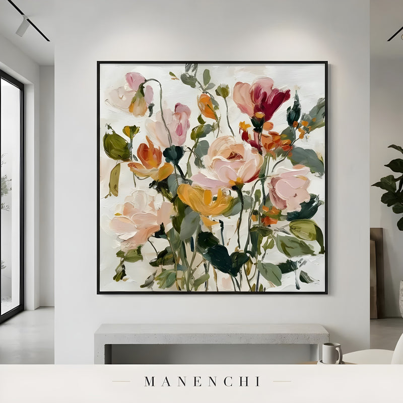 Botanical Whispers abstract painting displayed in painting above modern bench