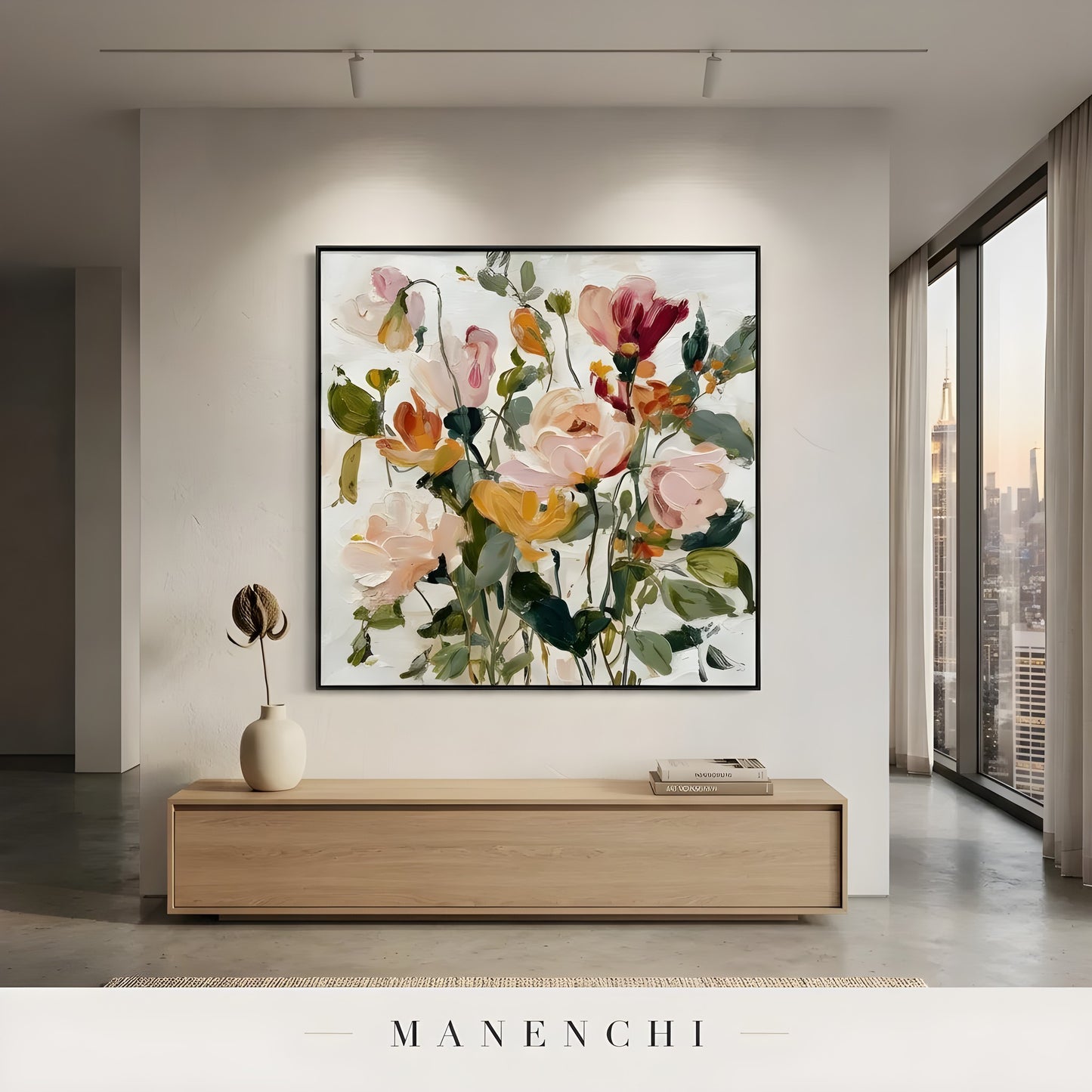 Botanical Whispers abstract painting displayed in painting in minimalist interior