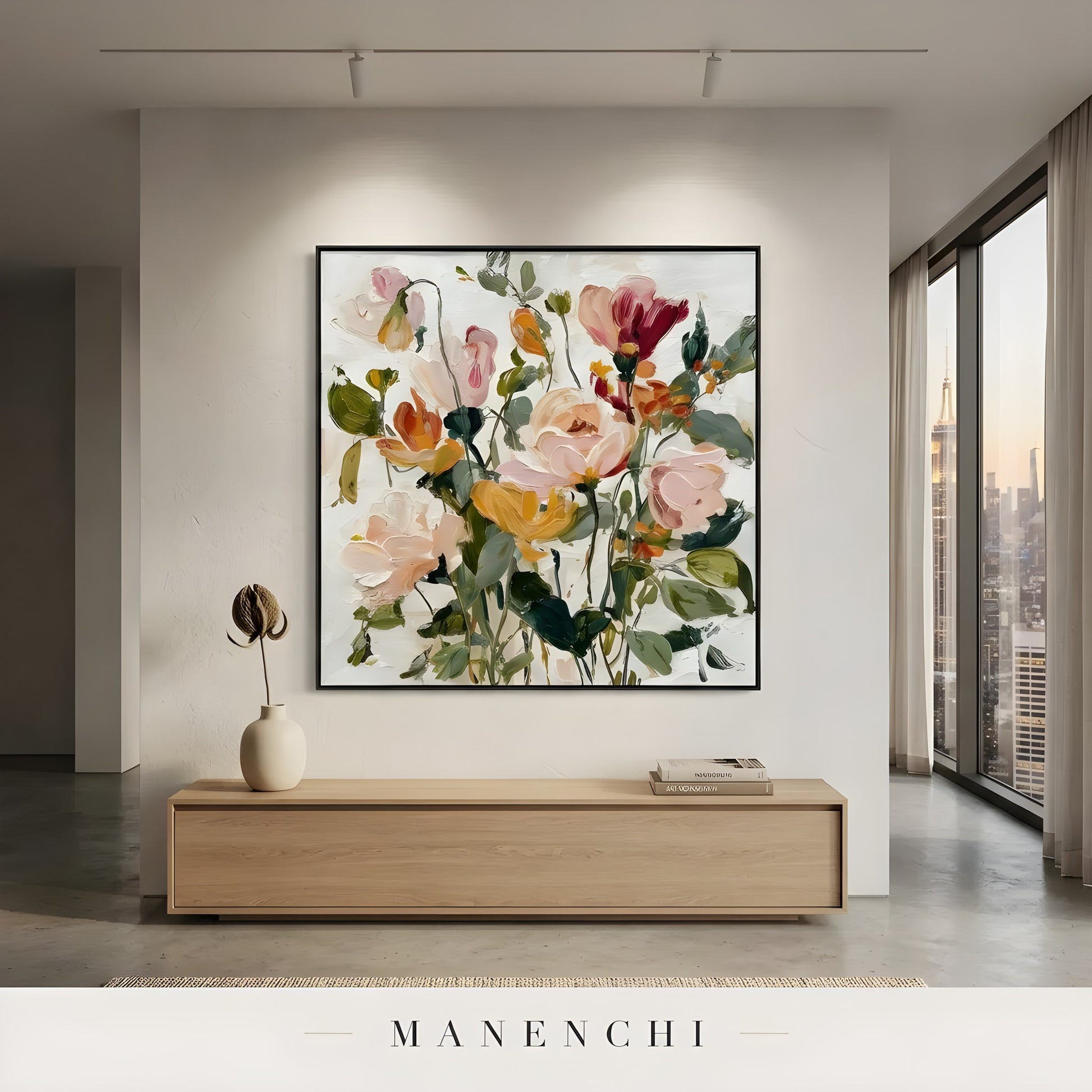 Botanical Whispers abstract painting displayed in painting in minimalist interior