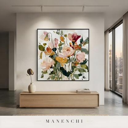 Botanical Whispers abstract painting displayed in painting in minimalist interior